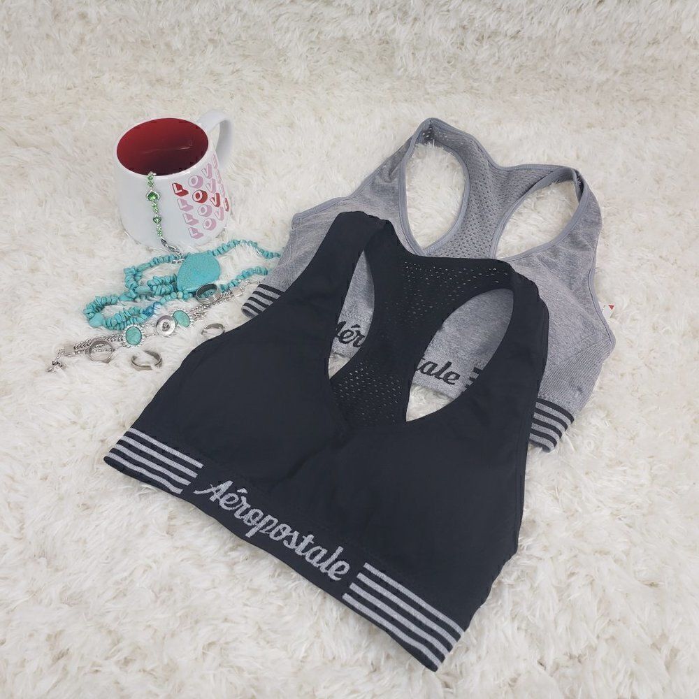 Aeropostal Black /Gray Sports Yoga Logo Bralette M